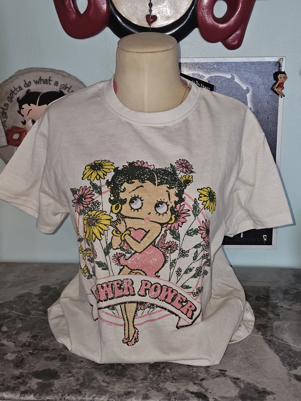 Betty Boop Cream Short-Sleeve Tee with Subtle Pink Dot Accents